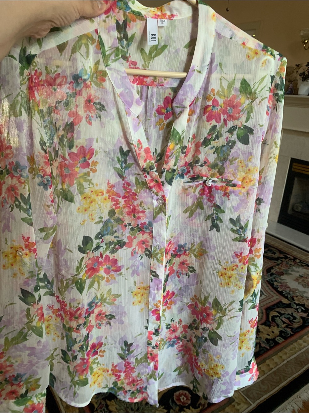 Kut from the Kloth Floral Button-Up Blouse in White with Pink, Green & Yellow